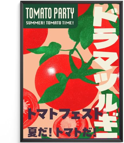 MJ-GRAPHICS® Poster Tomaten Kunstdruck Festival Wandbild Retro Stil Rot Grün Deko Wohnzimmer Küche Wanddeko Sommerfrische Design Bilder Esszimmer Büro 50x70 ohne Rahmen
