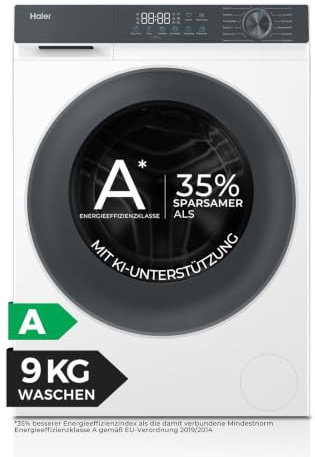 Haier Frontlader Waschmaschine 9kg G3 Serie HW90-BP14637T | A -35%, 1.400 U/Min., Leiser Inverter-Motor, Automatik- und Expressprogramm, Aquastop-Schlauch, Hygiene-Technologien