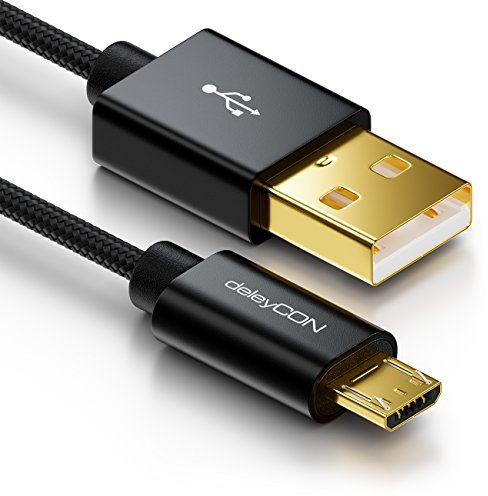 deleyCON 0,5m Câble Micro USB Nylon + Connecteurs Métalliques Câble de Charge Câble de Données Câble de Charge Rapide Smartphone Tablette - Noir
