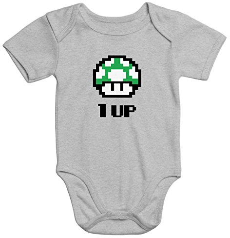MoonWorks Baby Body Geburtstag Retro Pixel-Pilz 90er Konsole Spiel Level up Bio-Baumwolle Grau 0-3 Monate