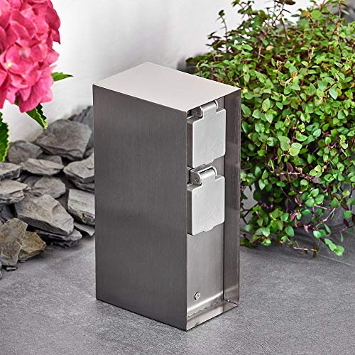 HOFSTEIN Außensteckdose Abilene, Gartensteckdose aus Metall in Edelstahl/Grau mit 4 Steckdosen und Klappdeckeln zur Festinstallation, Mehrfachsteckdose für draußen, IP 44