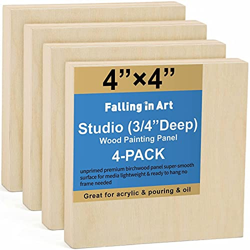 Falling in Art Unfinished Birch Wood Canvas Panels Kit, 4 Pack of 4x4’’ Studio 3/4’’ Deep Cradle Boards for Pouring Art, Crafts, Painting and More