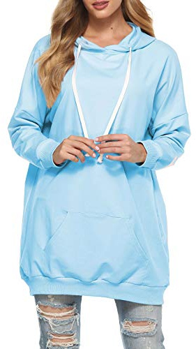 Famulily Damen Oversized Hoodie Kleid Baumwolle Lang Sweatshirt mit Kapuze Einfarbige Kapuzenpullover und Taschen und Kordelzug