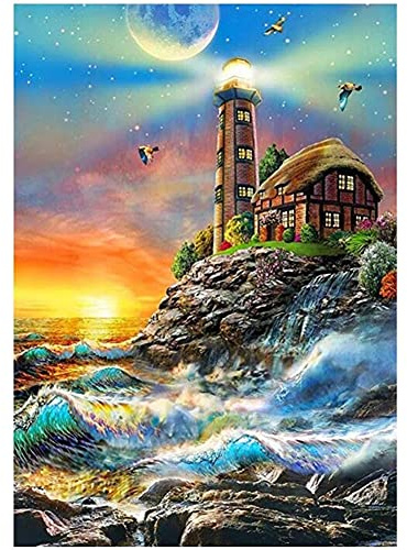 Diamond Painting kits Full Drill Meereswelle & Leuchtturm,5D DIY Groß Diamant Gemälde Erwachsene Kristall Strass Stickerei Kreuzstich Leinwand Malerei Art for Home Wall Décor Square Drill,30x50cm