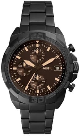 Fossil Bronson uhr für Herren, Chronographenwerk mit Leder- oder Edelstahlarmband, Schwarz und Braun, 44MM