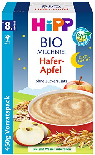 HiPP Bio-Milchbreie ohne Zuckerzusatz, Gute-Nacht-Brei Hafer Apfel, Vorratspackung (4x450g)