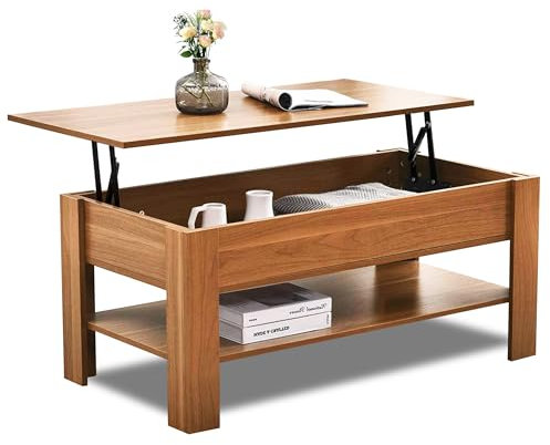 Coffee Table With Storage, Lift Up Coffee Table For Living Room, Wooden Coffee Tables With 1 Shelf Large Hidden Storage Lift-Top Sofa End Tea Table for Living Room Furniture, 100L x 50W x (42-57)H cm