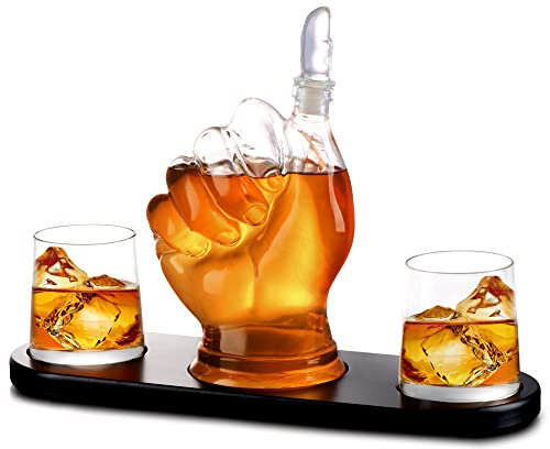 Thumbs Up Whiskey Decanter Set - with Two 10 oz Whisky Glasses - on Rich Wood Mahogany Base Tray - Business Gift Set - Whiskey/Wine Dispenser for Liquor, Scotch, Bourbon, Vodka - 32oz - Bezrat