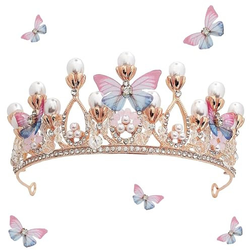 Schmetterling Blume Perle Strass Königin Krone, Tiara Perle Prinzessin, Königin Krone, Mädchen Kopfbedeckung Kristall, Krone Geburtstag Tiara Tiara 5,5 Zoll, Hochzeit Diadem, Brautkrone (Rosa)