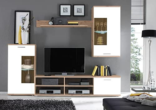 möbelando Wohnwand Mediawand Schrankwand Wohnzimmerschrank Schrank Anbauwand Kenton I Artisan Eiche/Weiß