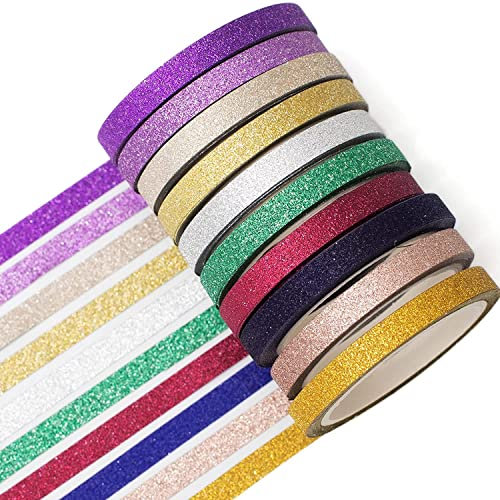 YUBX Glitter Washi Tape Set 10 Colors Sparkling Decorative Tapes Gold Silver Foil Masking Tape Sets for Craft, Kids, Scrapbook, DIY, Gift Wrapping 5MM