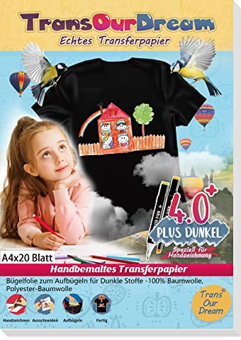 TransOurDream DIY Handmachen Echte Malen/Zeichnen Transferfolie,Bügelfolie für Dunkle Textilien,DIN A4X20 Blatt,T-Shirt Papier für dunkle T-Shirts(3-4.0-20)