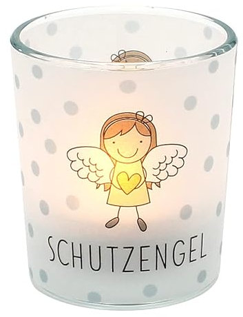 Dekohelden24 Windlichtglas mit Motiv auf Einer transparenten Banderole, inkl. 1 Teelicht, H/Ø: 6,5 x 6 cm, Motiv: Schutzengel.