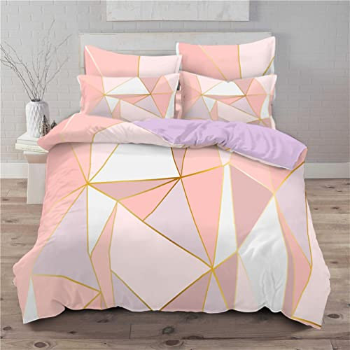 Tomifine Parure de lit Adulte, Housse de Couette Abstrait Losange géométrique Ligne Rose Blanc Design doré 2 Taies d'oreiller 65x65cm Microfibre Douce Hypoallergénique (140x200 cm,Marbre a)