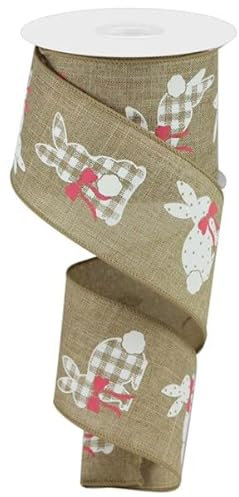 Band mit Draht, Osterhase, Bauernhaus, Jute, Beige, Weiß, Rosa, 6,3 cm x 9,1 m