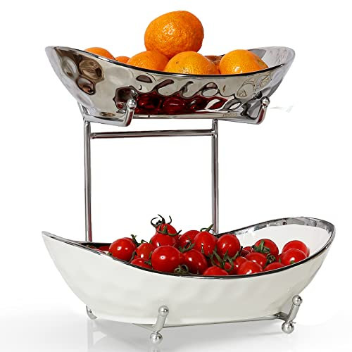 Acliys Obstschale 2 Etagen Keramik Obstkorb für Küche Porzellan Küche Schalen für Obst und Gemüse Aufbewahrung Snack Nüsse Dessert Kuchen Tablett Tellerregal für Party Hochzeit