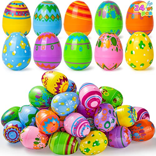 JOYIN 24 Stück 5,8 cm große bedruckte Ostereier, leere Ostereier zum Befüllen, bunte Plastikeier in großen Mengen für die Osterjagd, Partygeschenk, Korbfüller, Preiszubehör für das Klassenzimmer