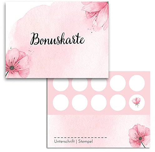 Blanko Bonuskarten zum Abstempeln - Hochwertige Stempelkarten für Unternehmen, Firmen & Gastronomie (50x Stück, Blumen)