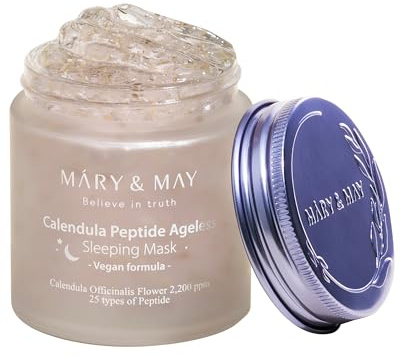 Mary&May Vegan Calendula Peptide Ageless Sleeping Mask - Overnight Hydration Face Gel Mask Korean Facial Mask - Soothing Acne, and Anti-Aging with Ceramide, Hyaluronic Acid, Cica, 110g