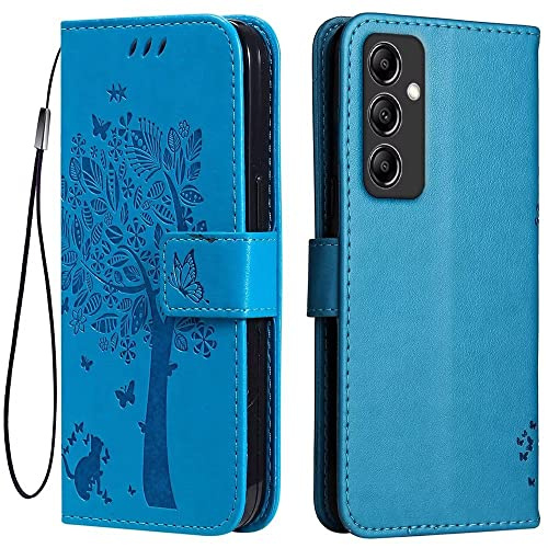 Topme Leder Tasche Hülle für Samsung Galaxy A14 5G / A14 (4G) (6.6 Inches), [Katzen- Und Baummuster-Stil Handytasche] - Blau