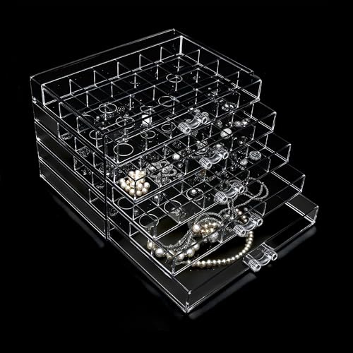 Boîte de rangement à bijoux en acrylique transparent avec 5 tiroirs, boîte à bijoux à 5 couches pour femme, présentoir de boucles d'oreilles pour boucles d'oreilles, bagues, bracelets, colliers, 79