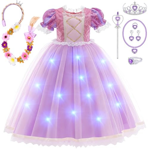 LED Déguisement Fille Light Up Raiponce Robe de Princesse avec Perruque Couronne Bracelet Collier Baguette Magique Lumineux Carnaval Halloween Déguisement Princesse Raiponce Costume pour Enfant Fille