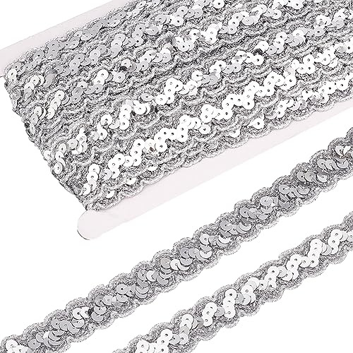 PH PandaHall 12.8m Metallischer Spitzenbesatz 1.9cm Silberner Glitzernder Wellen Spitzenbesatz Zum Nähen von Spitzenstoffbesatz Häkelspitzenband Mit Paillette Für Hochzeitsapplikationen Kleider