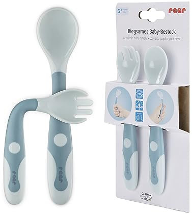 reer Biegsames Baby- und Kinder-Besteckset, 2-teiliges Lernbesteck, Löffel und Gabel, Erstausstattung, Blau