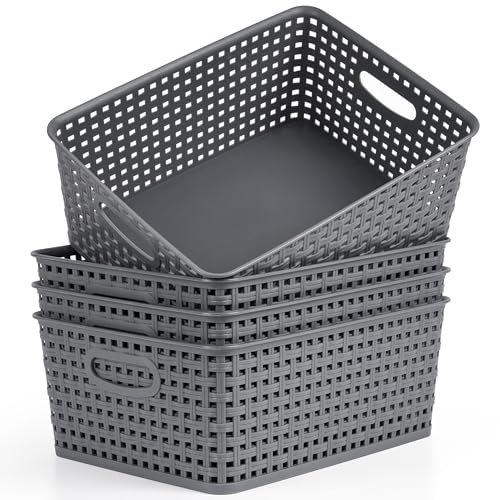 Winter Shore Cestas Almacenaje Plástico Grises [Pack de 4] - Caja Almacenaje de Diseño Tejido, Organizador Cajones, Estanterías, Armario y Cocina, Lavadero, Dormitorio, Baño - 29 x 22,5 x 12 cm