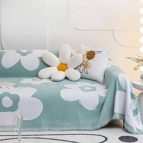 Mesnt Sofabezug Recamiere, Hellgrün Weiß Waschbar Sofa Protection Cover Schonbezug Couch mit Blumenmuster mit Fransen aus Chenille, 180x280cm