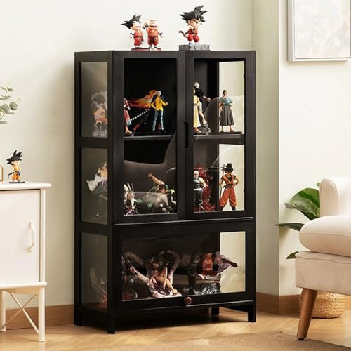 Vitrines en verre, vitrine pour objets de collection, vitrine minimaliste moderne à porte rabattable, armoire de curiosités, bibliothèque sur pied, transparente sur trois côtés L65*W32*H106cm Black