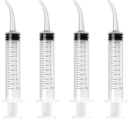 4 siringhe dentali da 12 ml in plastica trasparente con punta curva e misurino per l'igiene orale e la pulizia orale