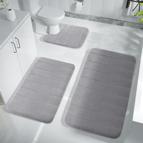Memory Foam Bath Mat Set, 3 Pieces Bathroom Mat, Absorbent Water Non-Slip, 40 * 60cm Bathroom Mat, 40 * 50cm U-Shaped Toilet Mat & 38 * 42cm Floor Mat for Tub Shower & Bath Room (Gray)