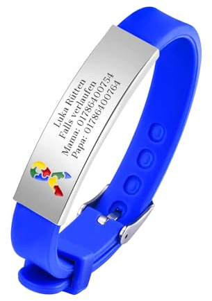 Notfallarmband SOS Armband Kinder - Blau Kinderarmband Gravur Telefonnummer Name, Anti Verloren Armbänder für Autismus Kinder, Personalisiertes Notfall Medizinische Armband für Mädchen Jungen
