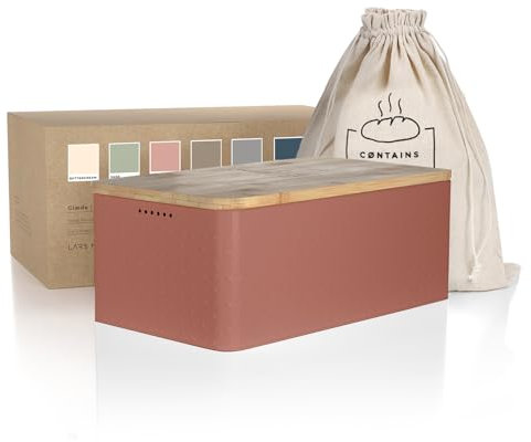 LARS NYSØM Bread Box I Metal bread box with linen bag for long lasting freshness I Baked goods Bin with bamboo lid usable as cutting board I 13.4x7.3x5.3In (Brick Red)