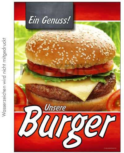 Burger-Plakat für Imbissbetrieb, Werbeplakat Plakat Werbeplakate Motiv Vorlage Druck, Ausführung:Stockfahne beidseitig DIN A2