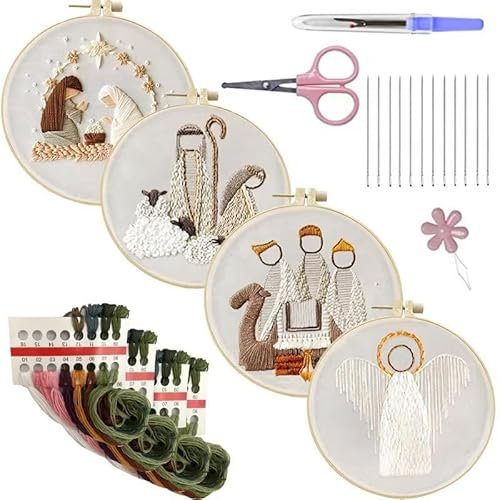 Weihnachtskrippen-Stickset, 4er-Set, Kreuzstich, Weihnachtskrippe, Stickset, DIY, religiöses Vintage-Stickerei-Set
