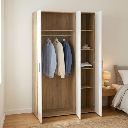 Dmora - Kleiderschrank 3 Türen Isabelle, Schlafzimmermöbel, Schrank, Garderobe, 118x50 h201 cm, Eiche und Weiß