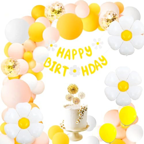 Gänseblümchen Geburtstag Luftballons Set, 44Stück Gelbe Luftballons Girlande Kit,Gänseblümchen Folienballons mit Happy Birthday Girlande für Hochzeit Geburtstag Mädchen Babyparty Verlobung