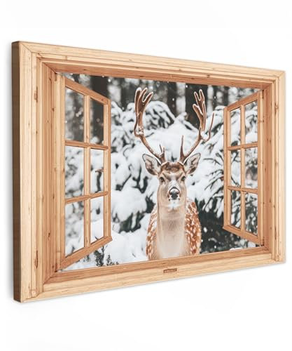 MuchoWow© Leinwand Bilder 90x60 cm Wanddeko Wohnzimmer Aesthetic Room Decor Deko Zimmer Wandbilder Modern Bild auf Leinwand Fensterblick - Hirsch - Schnee - Winter - Wald - Tiere