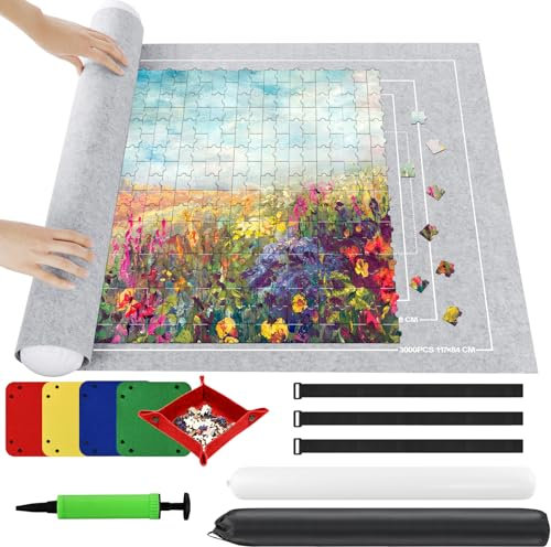 Ainiv Puzzle Roll Jigsaw Storage Felt Mat, Jigsaw Puzzle Roll Mat, Portable Puzzle Roll Up Storage Mat with Auxiliary Lines for up to 3000 Pcs, Foldable Puzzle Storage Felt Pad with Inflatable Pump