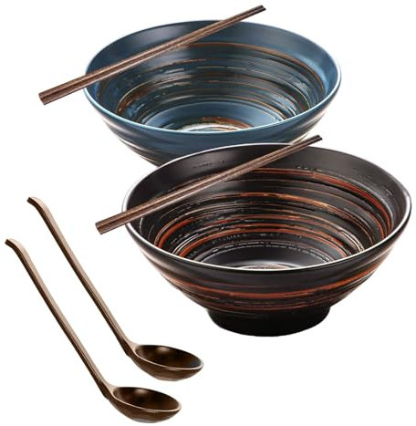 Aegistus 2 Pcs Ceramic Ramen Bowls, with Matching Spoons & Chopsticks, 35 oz Large Japanese Style Serving Bowls for Salad,Udon, Soba, Pho Pasta, Asian Soup Noodle,Suitable as Housewarming Gifts