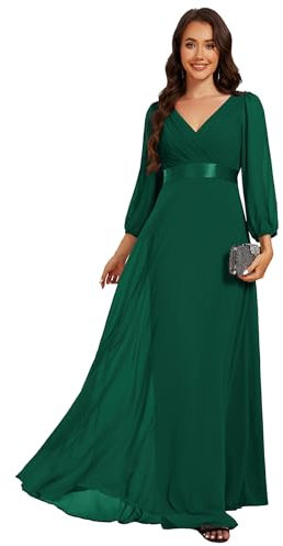 Ever-Pretty Women Dress Elegant Evening Dress with V-Neck and Long Sleeve High Waisted Chiffon Maxi Dress Dark Green 12UK