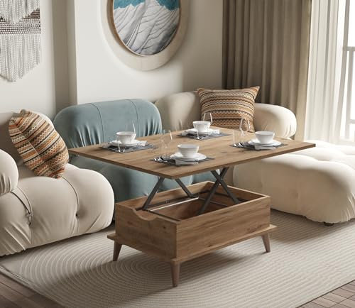 Mesa de centro convertible de nogal con tapa elevable, diseño extensible, capacidad para 6 personas