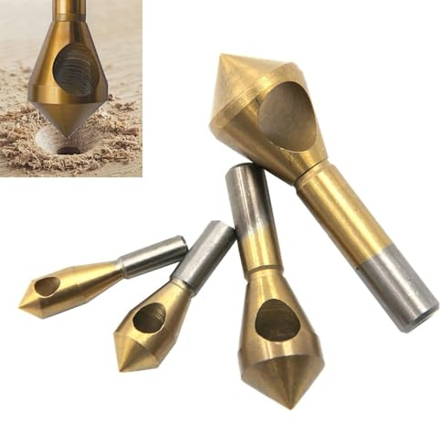 Yuentoen 4 Piece Countersink Deburring Countersink, 90° Titanium Coated Countersink Drill Set, Cross Hole Countersink, HSS Countersink for Wood, Metal, Plastic, Aluminium