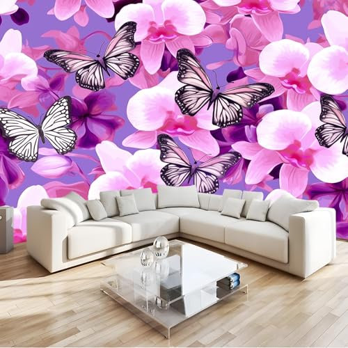 Wallpaper 98.4 x 68.8 Poster Decoration for Bedroom Living Room Corridor Purple Butterfly Pink Orchid Non-Woven Premium Art Print Fleece Wall Mural Panoramic Wallpaper Purple