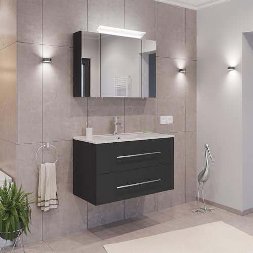 Lomadox Badezimmermöbel Badmöbel Set 2-teilig, Waschtisch Waschplatz 90cm breit mit Waschbecken, 2 Softclose-Schubladen und LED Spiegel, in grau