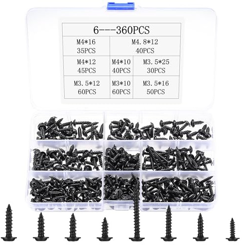 360 pezzi di viti autofilettanti, set di viti nere M3 M3.5 M4 M4.2, viti a testa piatta a croce, viti per legno, viti a testa piatta per lamiera, plastica, legno