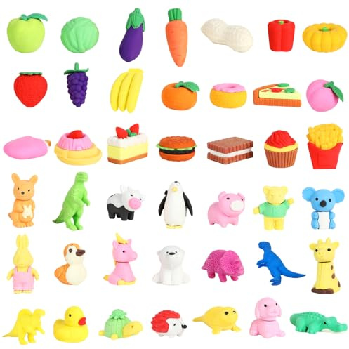 35 Stück Radiergummi, 3D Eraser mit Tiere Dino Obst Gemüse und Nahrung, Lustige Radiergummis für Kinder Geschenkfüllung, Hausaufgaben-Belohnungen, Partygeschenke (Farbstil Zufällig)