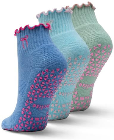 Juclise Pilates Socken Damen Rutschfeste Yoga Stoppersocken Baumwolle, Antirutsch Sneaker Socken mit Rüschen für Ballett, Barre, Tanz, Trampolin, Fitness & Zuhause, Atmungsaktive